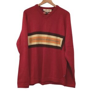 Burton Snowboards Red 100% Wool V-Neck Striped Retro Sweater Medium Vintage